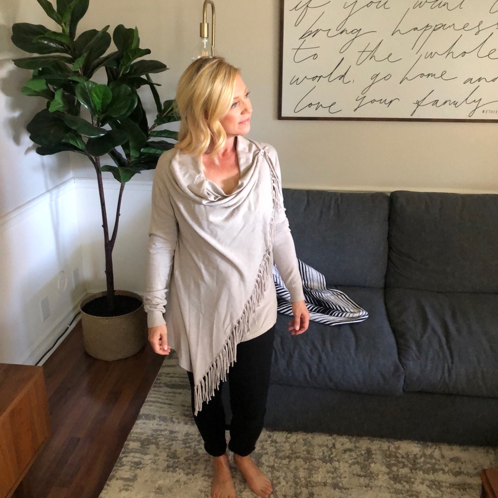 Long Sleeve Wrap Cowl Neck Sweater w/Tassels